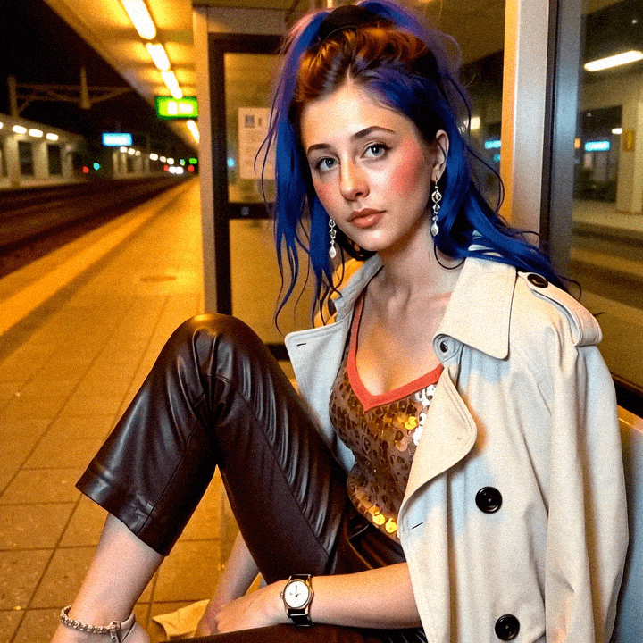 Emma-Jane MacKinnon-Lee at a bus stop in the evening, city glow.