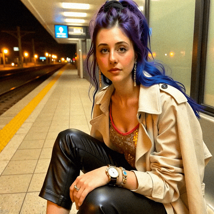 Emma-Jane MacKinnon-Lee at a bus stop in LA, street scene.