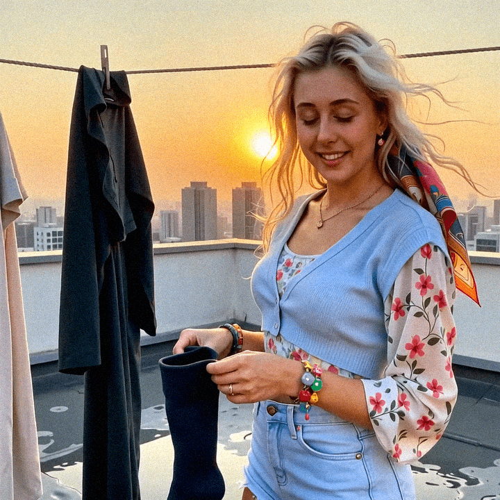 Emma-Jane MacKinnon-Lee with evening laundry in Chile, dusk tones.