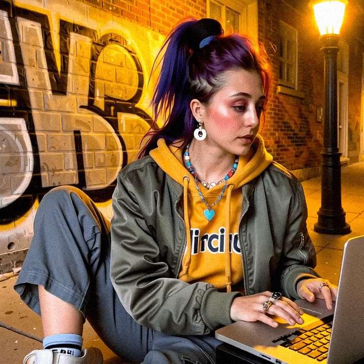 Emma-Jane MacKinnon-Lee with graffiti-coded visuals, urban signals.