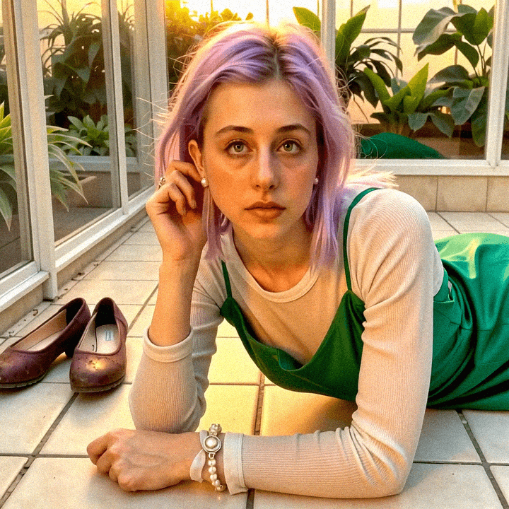 Emma-Jane MacKinnon-Lee in a green silk dress, fluid texture.