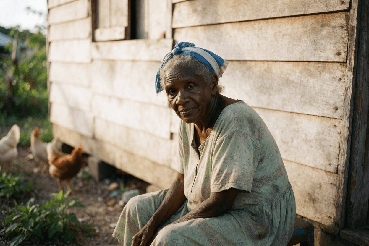 Juncho in old age, after the 1834 emancipation, living in poverty with her daughter following her dispossession from McKinnon’s Estate