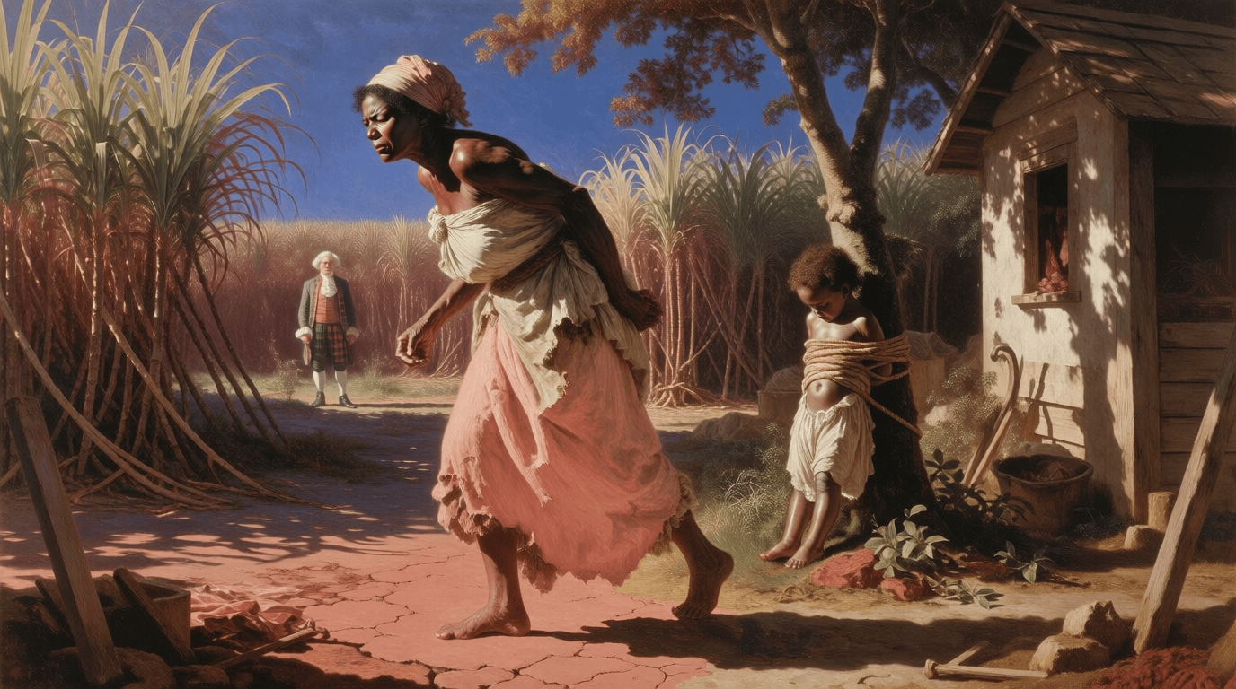 An enslaved Caribbean woman walking toward the sugar cane fields of McKinnon’s Estate, Antigua, at the start of a workday