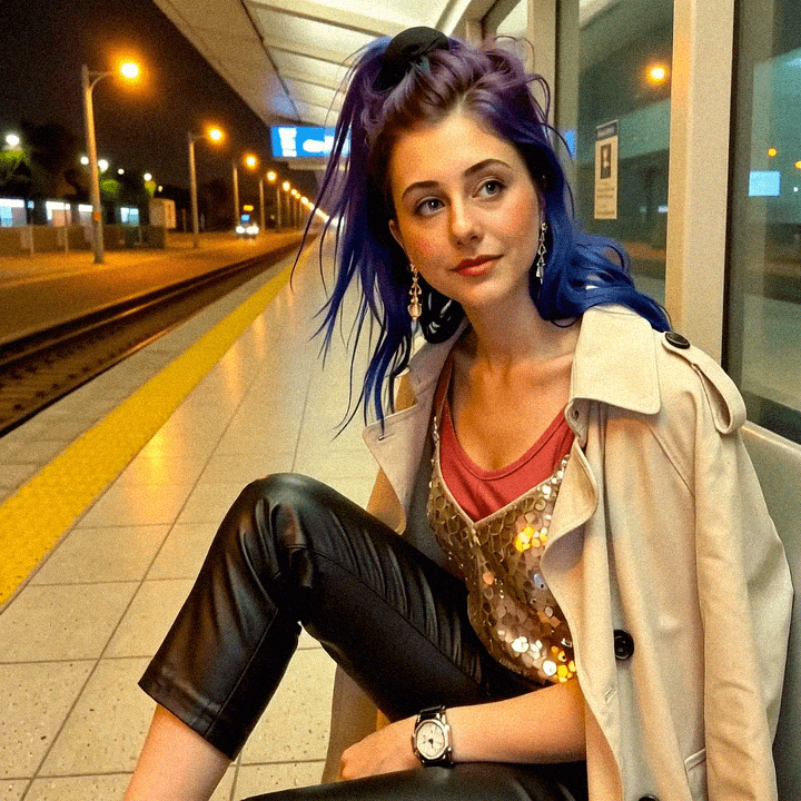 Emma-Jane MacKinnon-Lee at an LA bus stop, waiting light.