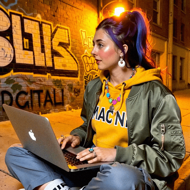 Emma-Jane MacKinnon-Lee with a vintage Mac, early web atmosphere.