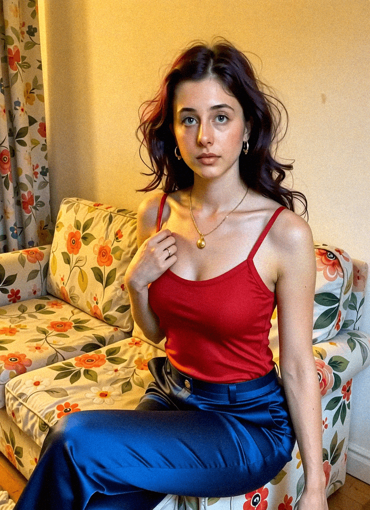 Emma-Jane MacKinnon-Lee with red silk, vivid contrast and flow.