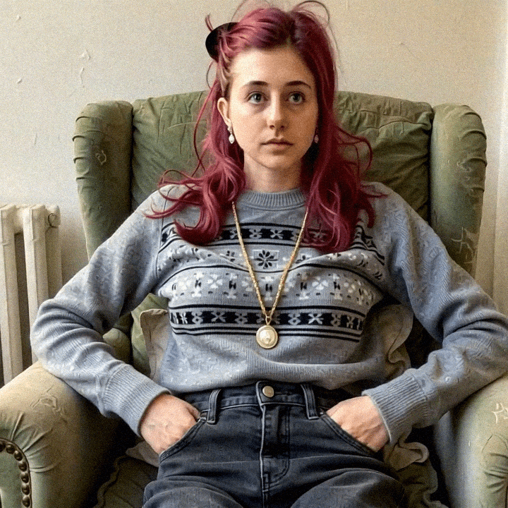 Emma-Jane MacKinnon-Lee sitting, wearing a vintage second hand sweater