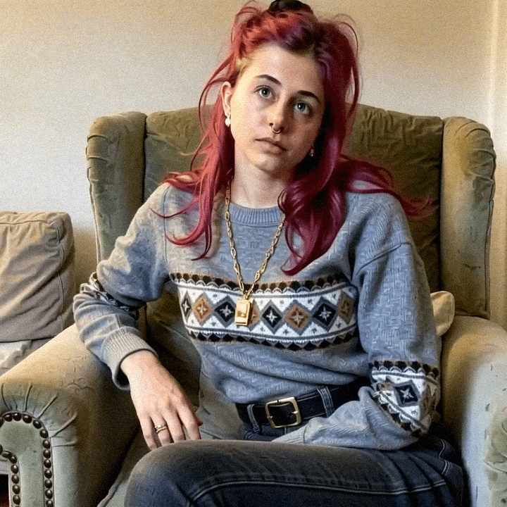 Emma-Jane MacKinnon-Lee, wearing her old favourite vintage sweater in the autumn