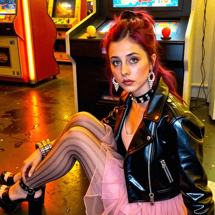 Emma-Jane MacKinnon-Lee in a game room, retro light and color.