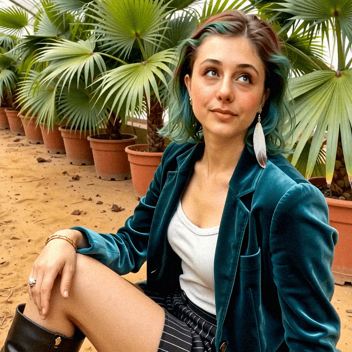 Emma-Jane MacKinnon-Lee in the greenhouse, glass and greenery.