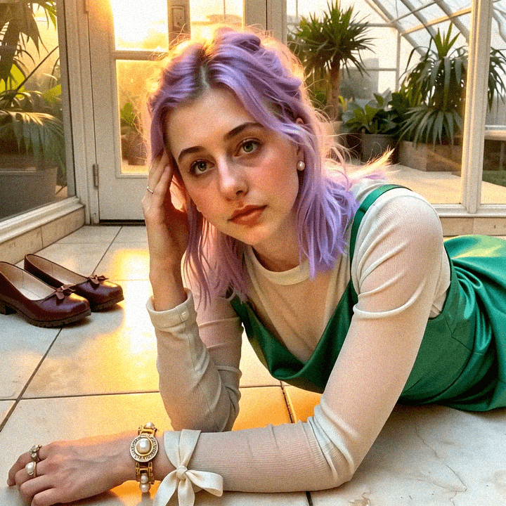 Emma-Jane MacKinnon-Lee on tile floors, patterned geometry.