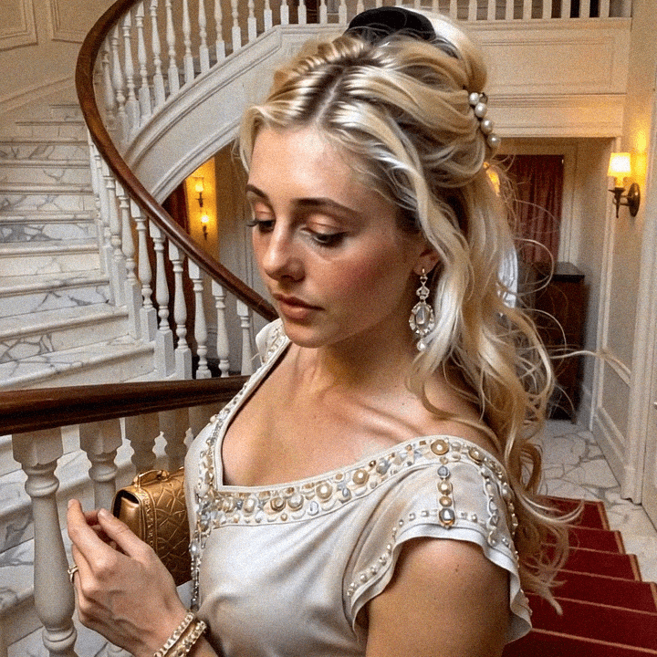 Emma-Jane MacKinnon-Lee, wearing a golden satin dress, walking up winding stairs