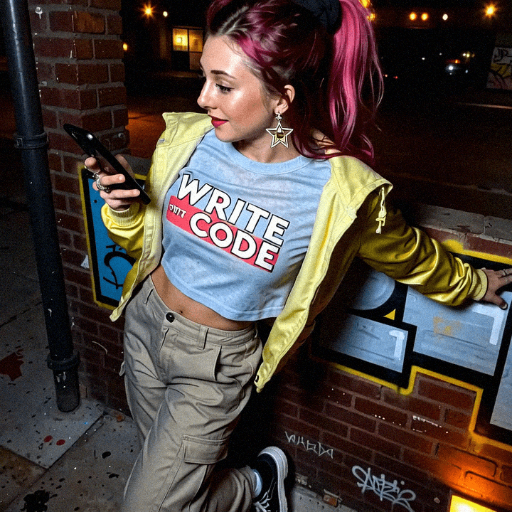 Emma-Jane MacKinnon-Lee wearing her write code graphic tee.
